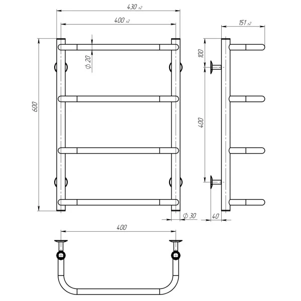 Рушникосушка Стандарт 400х600 Deffi (білий, нижнє підкл.)