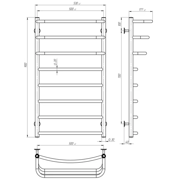 Рушникосушка Каскад Дуга 500*900 Deffi (Хром, нижнє підкл.)