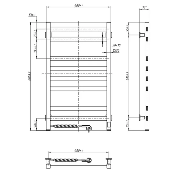 Рушникосушка електрична Авангард 480х800 ЧОРНА  Sensor (Ліва, 152Вт)