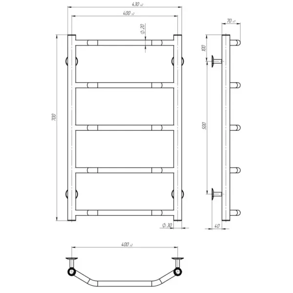 Рушникосушка Трапеція 400х700 Deffi (Хром, нижнє підкл.)