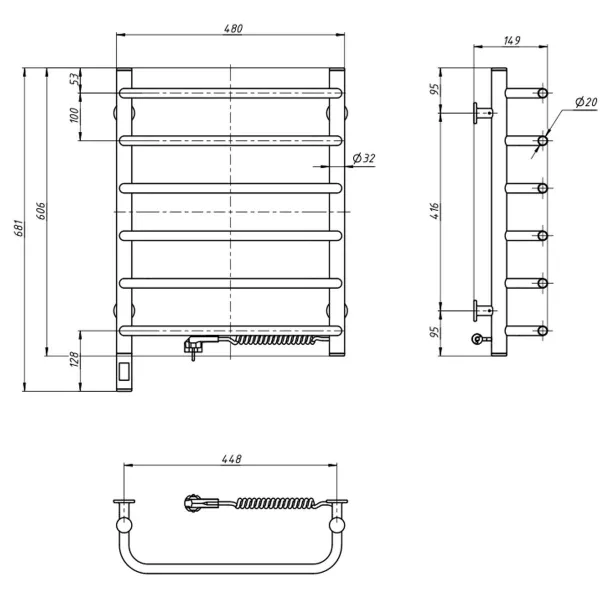 Рушникосушка електрична Симфонія 480х600 Sensor  (Права, 128Вт)