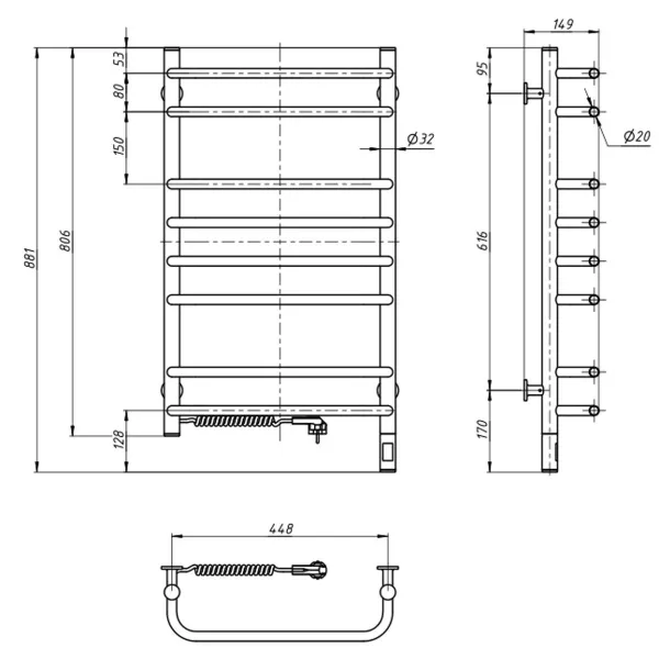 Рушникосушка електрична Симфонія 480х800 Sensor (Ліва, 192Вт)