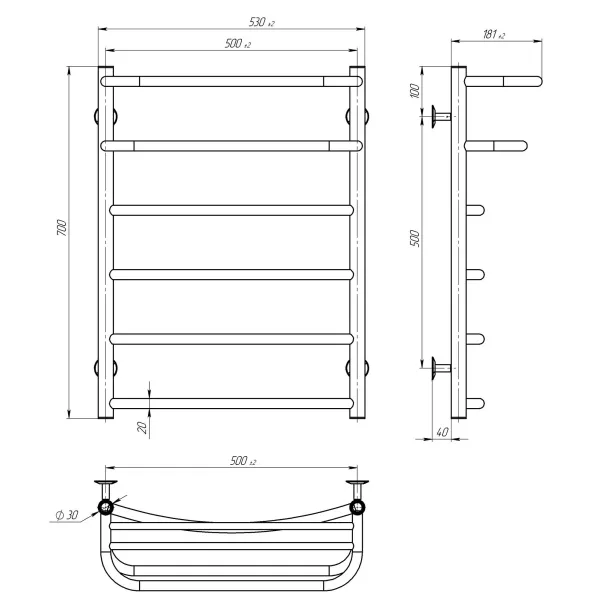 Рушникосушка Отель 500х700 Deffi (Хром, нижнє підкл.)