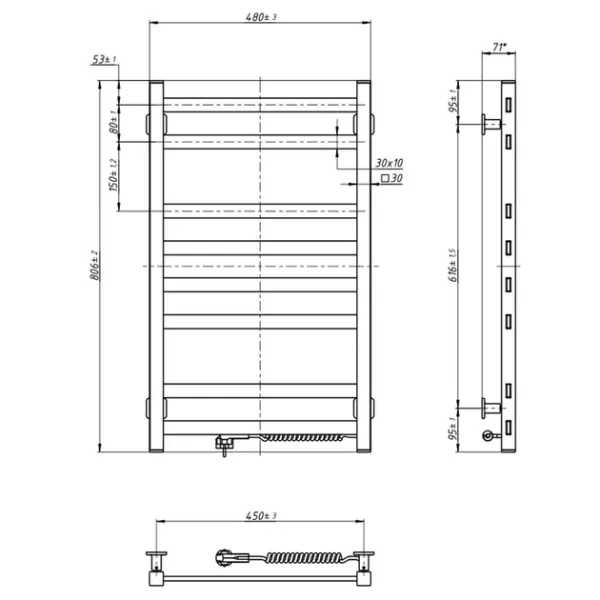 Рушникосушка електрична Авангард 480х800 ЧОРНА  Sensor (Права, 152Вт)