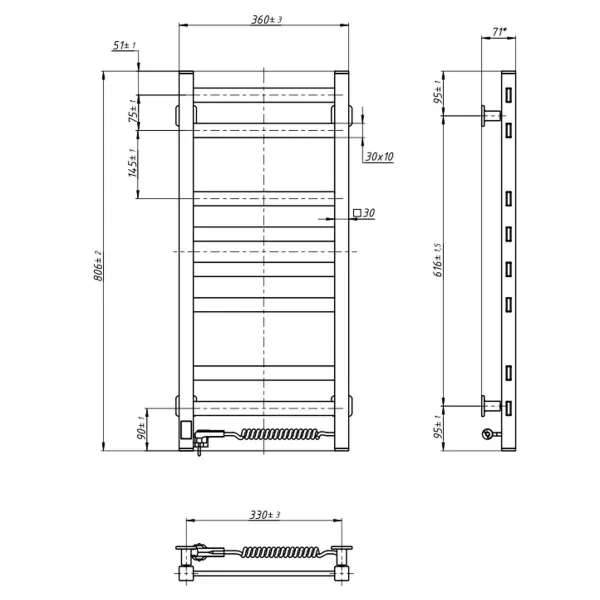Рушникосушка електрична Авангард 360х800 ЧОРНА Sensor (Права, 107Вт)