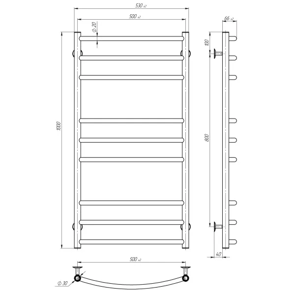 Рушникосушка Класік Еліт 500х1000 Deffi (Чорний, нижнє підкл.)