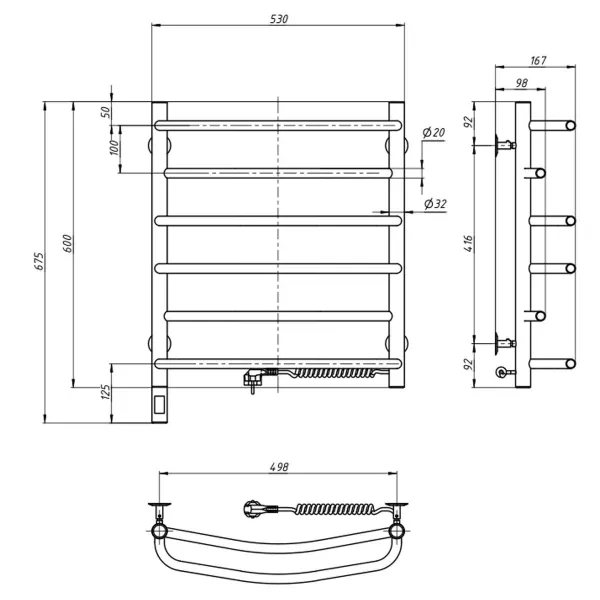 Рушникосушка електрична Омега нержавійка 530х600 Sensor (Права, 88Вт)