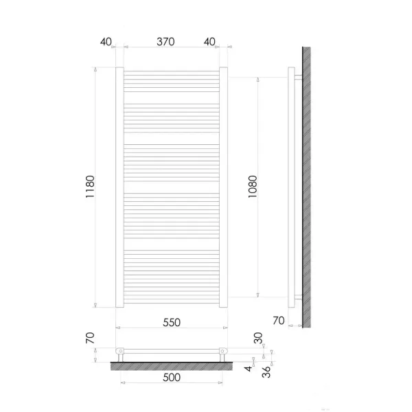 Рушникосушка 1180x550 (плоска) / ЧОРНА / 623Вт Heizung