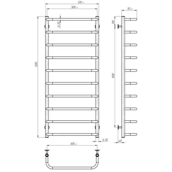 Рушникосушка Стандарт 500*1200 Deffi (Хром, нижнє підкл.)