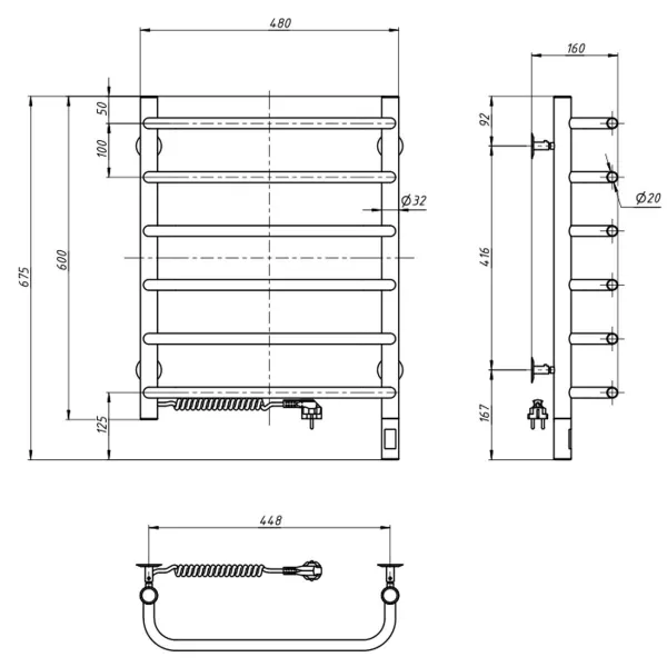 Рушникосушка електрична Симфонія нержавійка 480х600  Sensor (Права) 88Вт)
