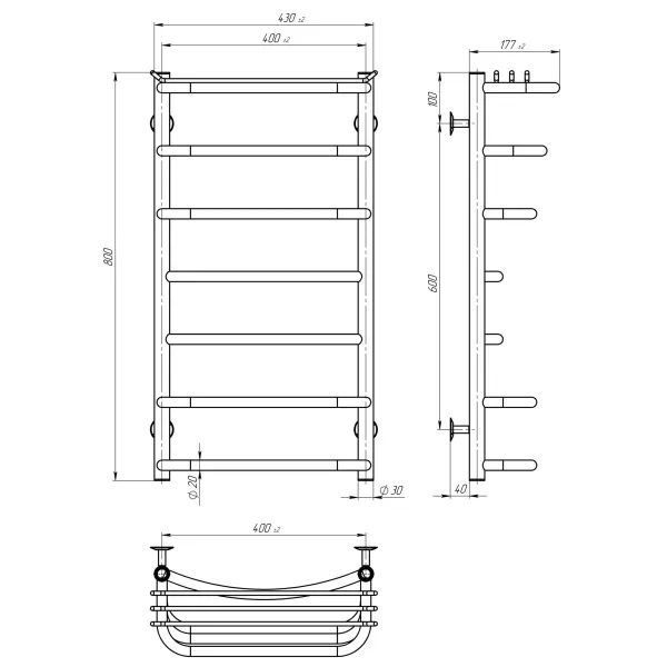 Рушникосушка Юність 400х800 Deffi (Хром, нижнє підкл.)