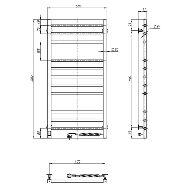 Рушникосушка Класік Квадро нержавіюча 500*1000 Sensor (Права, 102Вт)Sensor