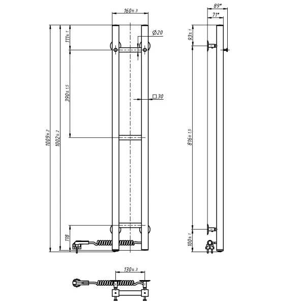 Рушникосушка електрична  нержавійка Сілует Квадро 160/1000 права