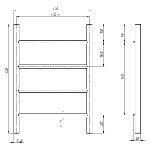 Рушникосушка Оріон 400*600 Deffi (чорний, нижнє підкл.)