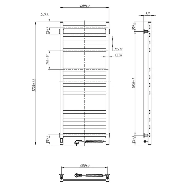 Рушникосушка електрична Авангард 480х1200 БІЛА Sensor (Права, 227Вт)