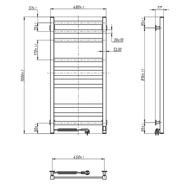 Рушникосушка електрична Авангард 480х1000 БІЛА  Sensor (Ліва, 152Вт)
