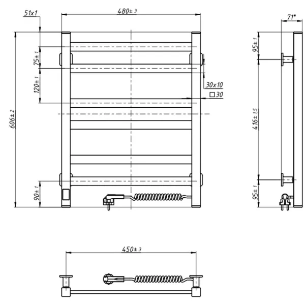 Рушникосушка електрична Авангард 480*600 ЧОРНА Sensor ( Права, 110Вт)