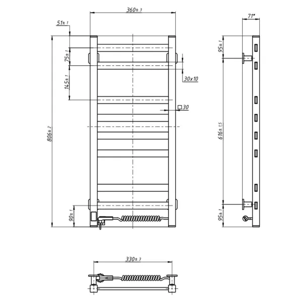 Рушникосушка електрична Авангард 360х800 БІЛА Sensor (Права, 107Вт)