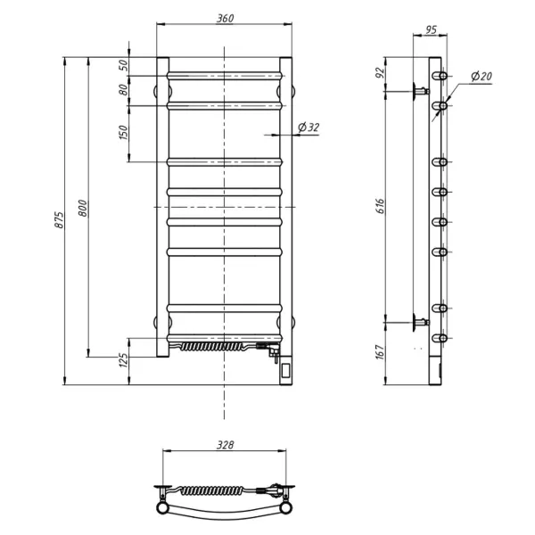 Рушникосушка електрична Камелія нержавійка 360х800  Sensor (Ліва)