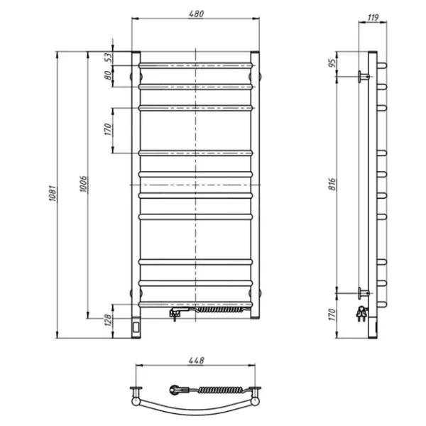 Рушникосушка електрична Камелія 480х1000 Чорна Sensor ( Права, 188 Вт)