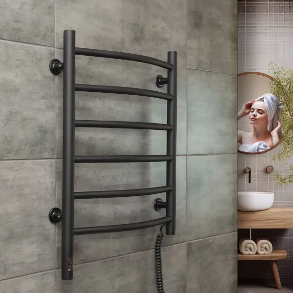 Рушникосушка електрична Камелія 480х600 Чорна Sensor  (Права,107 Вт)