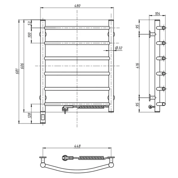 Рушникосушка електрична Камелія 480х600 Чорна Sensor  (Права,107 Вт)