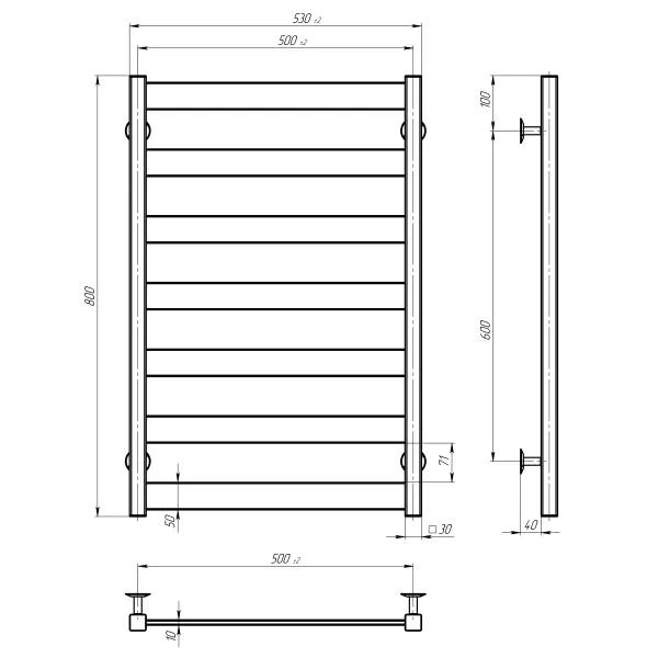 Електрична рушникосушка Harmony 500*800 Deffi (Чорна, праве підкл.)