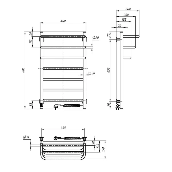 Рушникосушка електрична FORTIS   480х800 ЧОРНА  Sensor (Ліва, 152Вт)