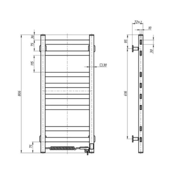 Рушникосушка електрична Авангард 360х800 ЧОРНА Sensor (Ліва 107Вт)