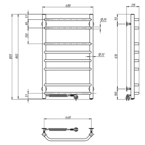 Рушникосушка електрична Блюз нержавійка 480х800  (Ліва, 112Вт)