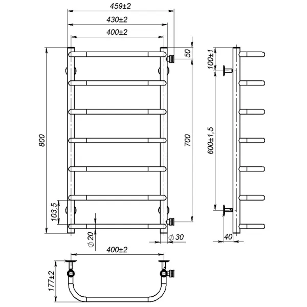 Рушникосушка SUNNY 400*800 (нержавіюча сталь,нижнє підключення)