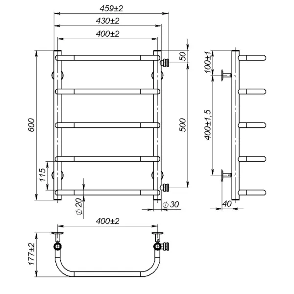 Рушникосушка Sunny 400*600 (нержавіюча сталь,нижнє підключення)