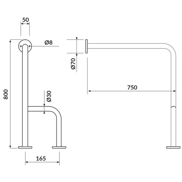 Поручень напольний з упором для туалету 75х80 см, правий