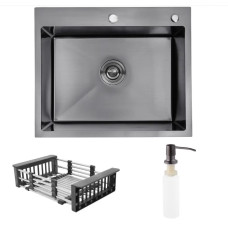 Мийка KRAFT Handmade 600*450*230 Nano Black (корзина + кріплення + сифон + дозатор)