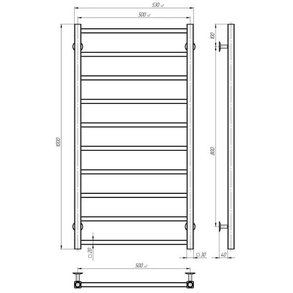 Рушникосушка Forest 500х1000 Deffi (Чорний матовий, нижнє підкл.)