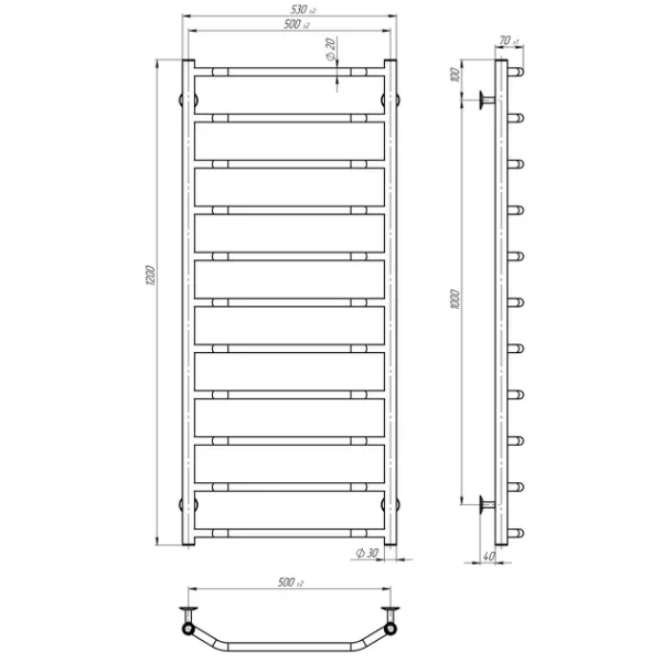 Рушникосушка Трапеція 500*1200 Deffi (Хром, нижнє підкл.)