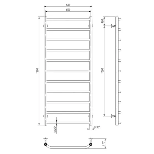 Рушникосушка Трапеція 500*1200 Deffi (Хром, нижнє підкл.)