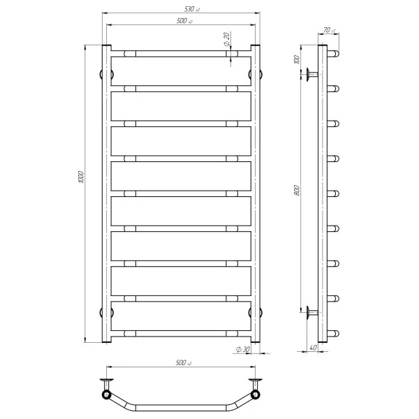 Рушникосушка Трапеція 500*1000 Deffi (Хром, нижнє підкл.)