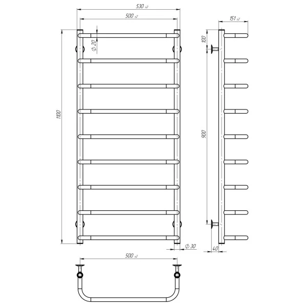 Рушникосушка Стандарт 500*1100 Deffi (чорна, нижнє підкл.)