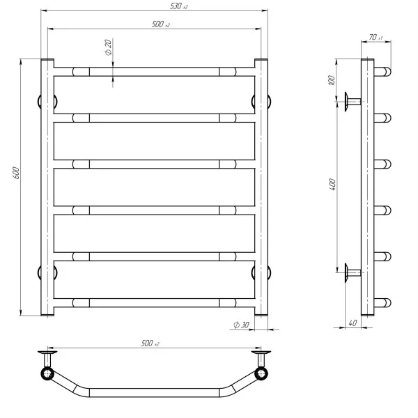 Рушникосушка Трапеція 500*600 Deffi (Хром, нижнє підкл.)