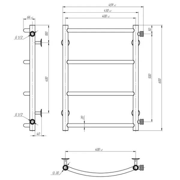 Рушникосушка Класік 400*600 Deffi (Хром, нижнє підкл.)