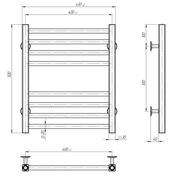 Рушникосушка Lima 400*500 Deffi (Чорний, нижнє підкл.)