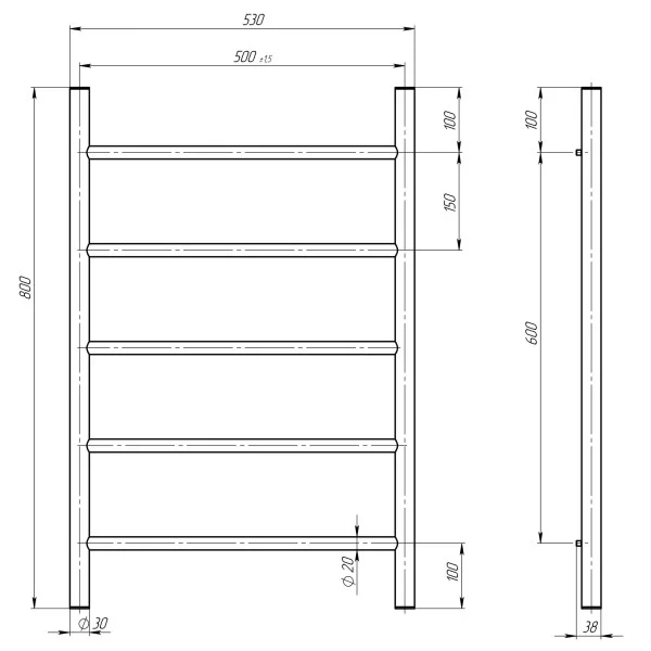 Рушникосушка Оріон 500*800 Deffi (Хром, бокове (R) підкл.)