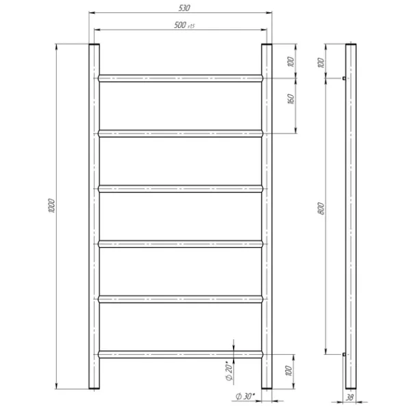 Рушникосушка Оріон 500*1000 Deffi (Хром, нижнє підкл.)