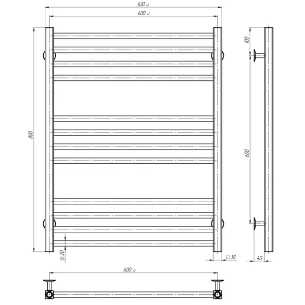 Рушникосушка Lima 600х800 Deffi (Чорний, бокове підкл. (L))