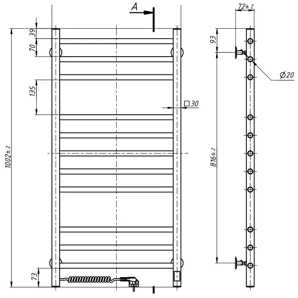Рушникосушка Класік Квадро нержавіюча 500*1000 Sensor (ліва, 102Вт)Sensor