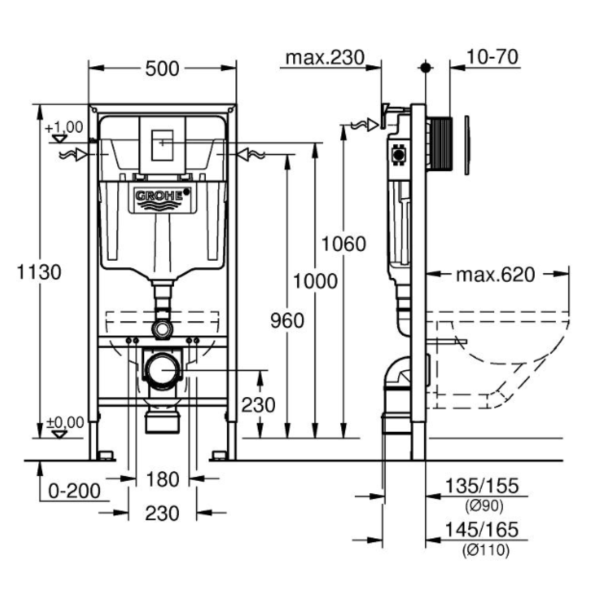 Комплект для унітазу Grohe Rapid SL 3в1, висота інсталяції 1,13 м (39206000+39330001+38772001+111042+37131000)